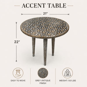 English Elm Handcrafted Solid Mango Wood Round Side Table with Floral Carved Antique Gray Finish B346P544515