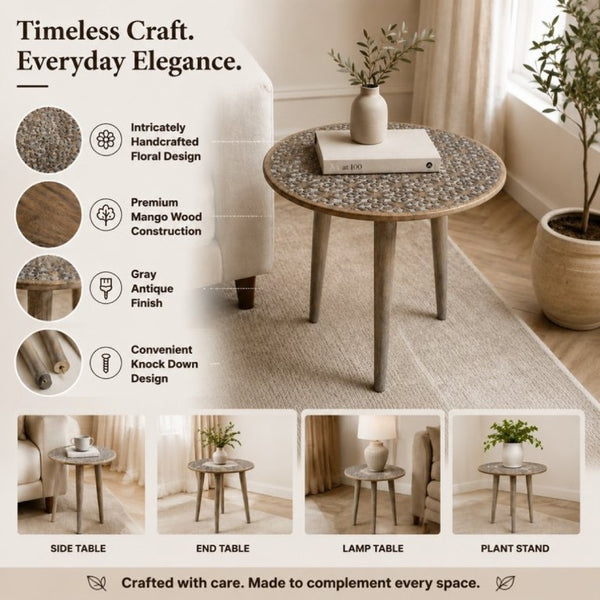 English Elm Handcrafted Solid Mango Wood Round Side Table with Floral Carved Antique Gray Finish B346P544515