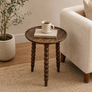 English Elm Mango Wood Round Side Table Burn Finish Top Black Metal Legs Industrial Modern Decor B346P544516
