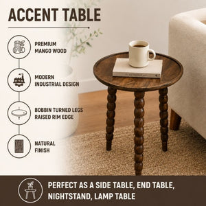 English Elm Mango Wood Round Side Table Burn Finish Top Black Metal Legs Industrial Modern Decor B346P544516