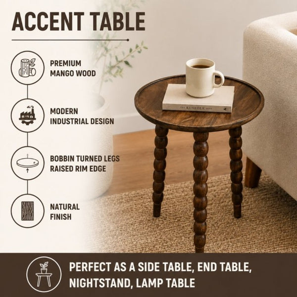 English Elm Mango Wood Round Side Table Burn Finish Top Black Metal Legs Industrial Modern Decor B346P544516