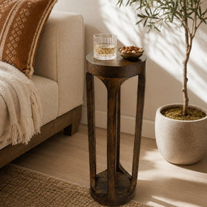 English Elm Mango Wood Handcrafted Slim Pedestal Drink Table Natural Grain Artisan Side Accent B346P544517