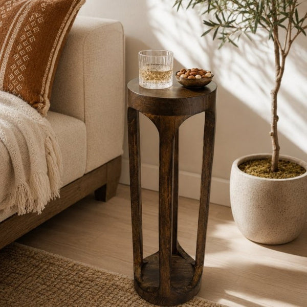 English Elm Mango Wood Handcrafted Slim Pedestal Drink Table Natural Grain Artisan Side Accent B346P544517