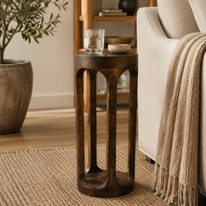 English Elm Mango Wood Handcrafted Slim Pedestal Drink Table Natural Grain Artisan Side Accent B346P544517