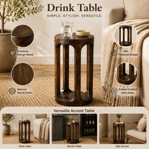 English Elm Mango Wood Handcrafted Slim Pedestal Drink Table Natural Grain Artisan Side Accent B346P544517