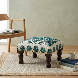 English Elm Bohemian Peacock Embroidered Cotton Footstool with Acacia Legs Artisan Accent Pouf B346P544522