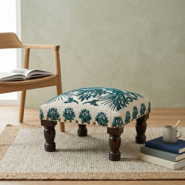 English Elm Bohemian Peacock Embroidered Cotton Footstool with Acacia Legs Artisan Accent Pouf B346P544522