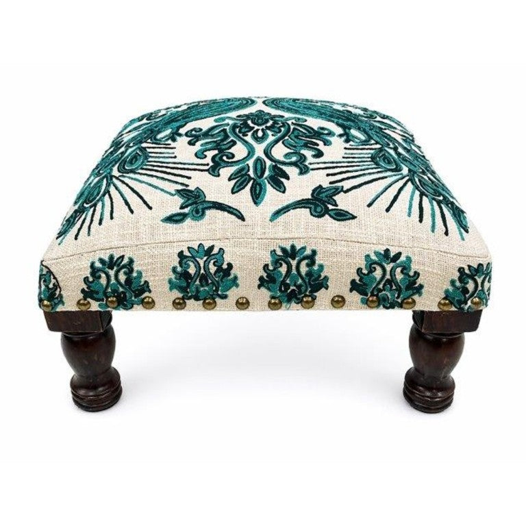 English Elm Bohemian Peacock Embroidered Cotton Footstool with Acacia Legs Artisan Accent Pouf B346P544522
