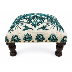 English Elm Bohemian Peacock Embroidered Cotton Footstool with Acacia Legs Artisan Accent Pouf B346P544522