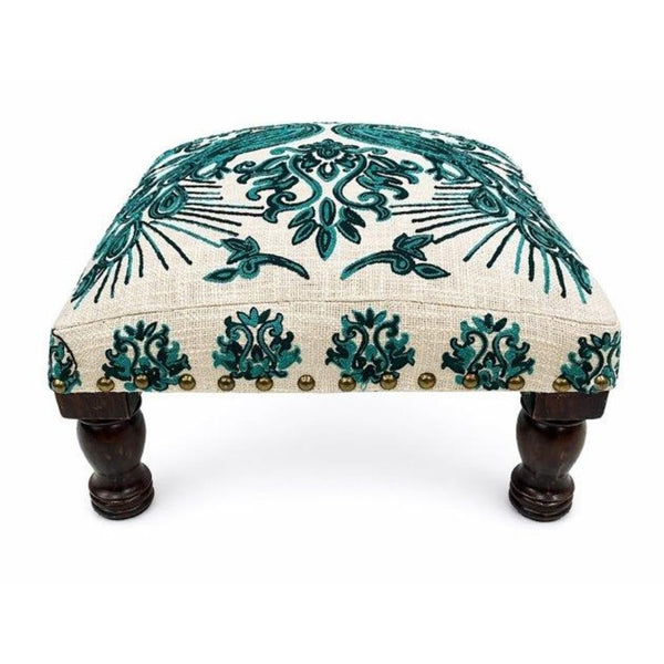 English Elm Bohemian Peacock Embroidered Cotton Footstool with Acacia Legs Artisan Accent Pouf B346P544522