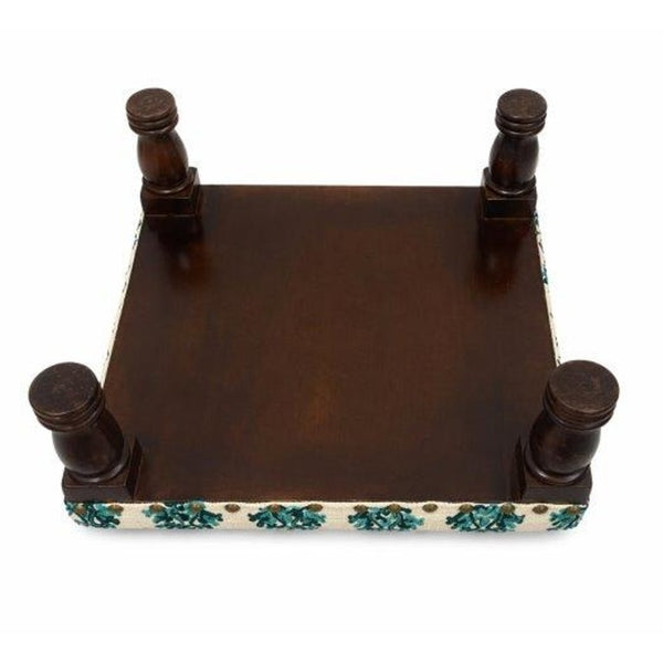 English Elm Bohemian Peacock Embroidered Cotton Footstool with Acacia Legs Artisan Accent Pouf B346P544522
