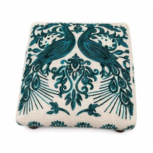 English Elm Bohemian Peacock Embroidered Cotton Footstool with Acacia Legs Artisan Accent Pouf B346P544522