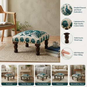 English Elm Bohemian Peacock Embroidered Cotton Footstool with Acacia Legs Artisan Accent Pouf B346P544522