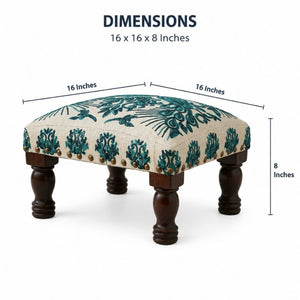 English Elm Bohemian Peacock Embroidered Cotton Footstool with Acacia Legs Artisan Accent Pouf B346P544522