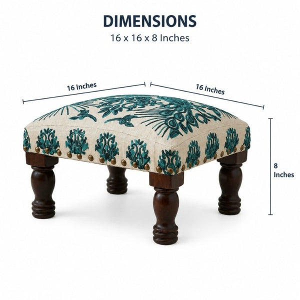 English Elm Bohemian Peacock Embroidered Cotton Footstool with Acacia Legs Artisan Accent Pouf B346P544522