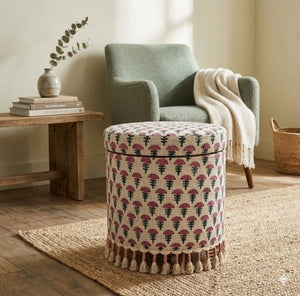 English Elm Bohemian Cotton Floral Storage Ottoman with Tassel Fringe Mango Wood Frame Footstool B346P544523