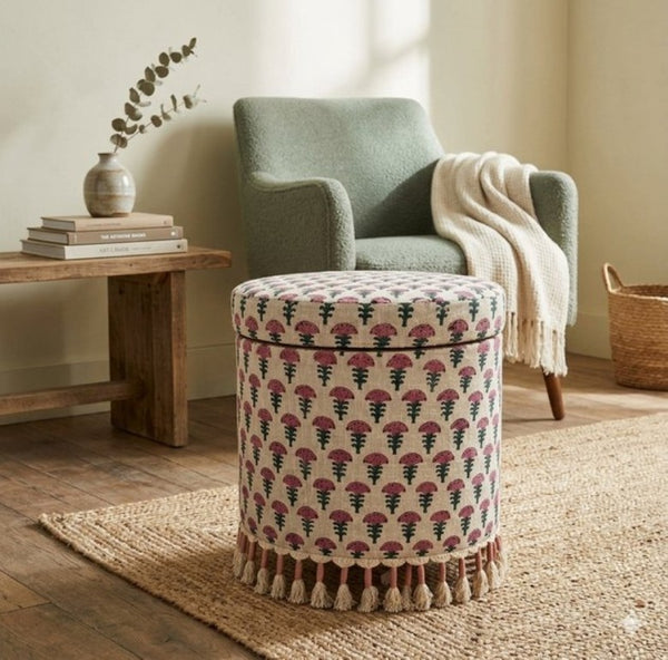 English Elm Bohemian Cotton Floral Storage Ottoman with Tassel Fringe Mango Wood Frame Footstool B346P544523