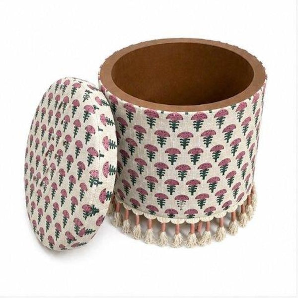 English Elm Bohemian Cotton Floral Storage Ottoman with Tassel Fringe Mango Wood Frame Footstool B346P544523