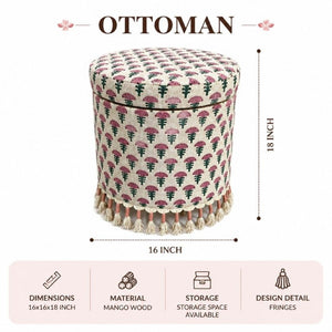 English Elm Bohemian Cotton Floral Storage Ottoman with Tassel Fringe Mango Wood Frame Footstool B346P544523