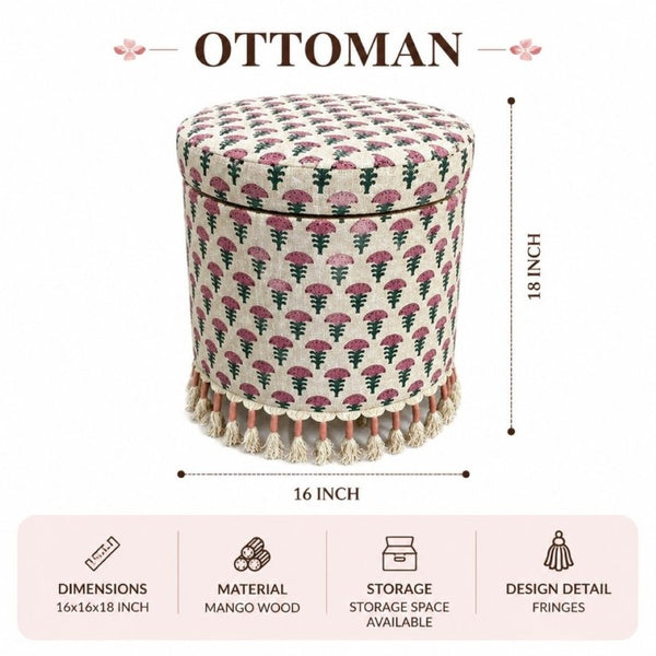 English Elm Bohemian Cotton Floral Storage Ottoman with Tassel Fringe Mango Wood Frame Footstool B346P544523