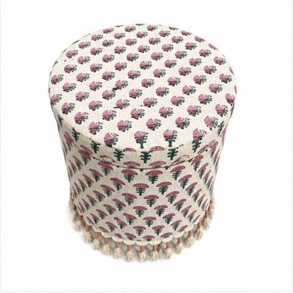 English Elm Bohemian Cotton Floral Storage Ottoman with Tassel Fringe Mango Wood Frame Footstool B346P544523