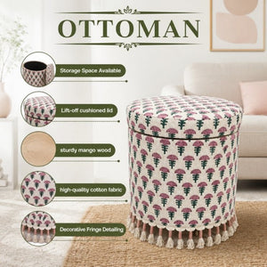 English Elm Bohemian Cotton Floral Storage Ottoman with Tassel Fringe Mango Wood Frame Footstool B346P544523