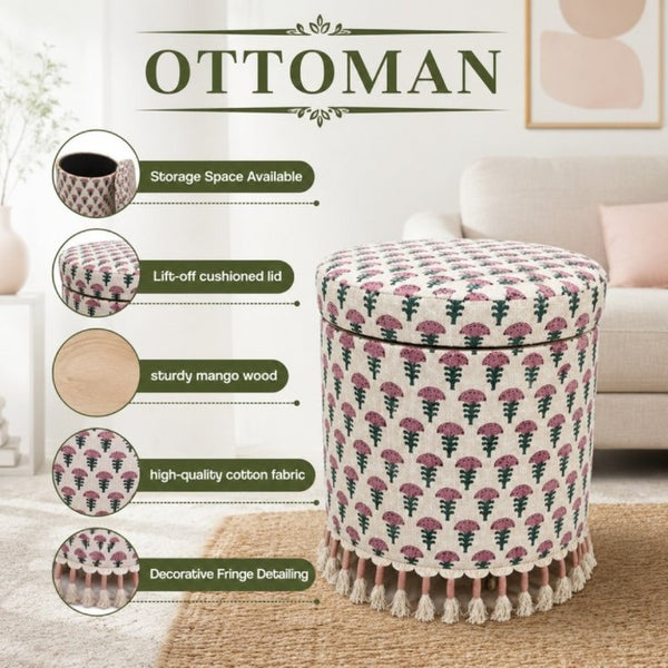 English Elm Bohemian Cotton Floral Storage Ottoman with Tassel Fringe Mango Wood Frame Footstool B346P544523
