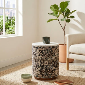 English Elm Marble Top Drum Accent Stool with Acacia Frame and Botanical Cotton Upholstery B346P544524