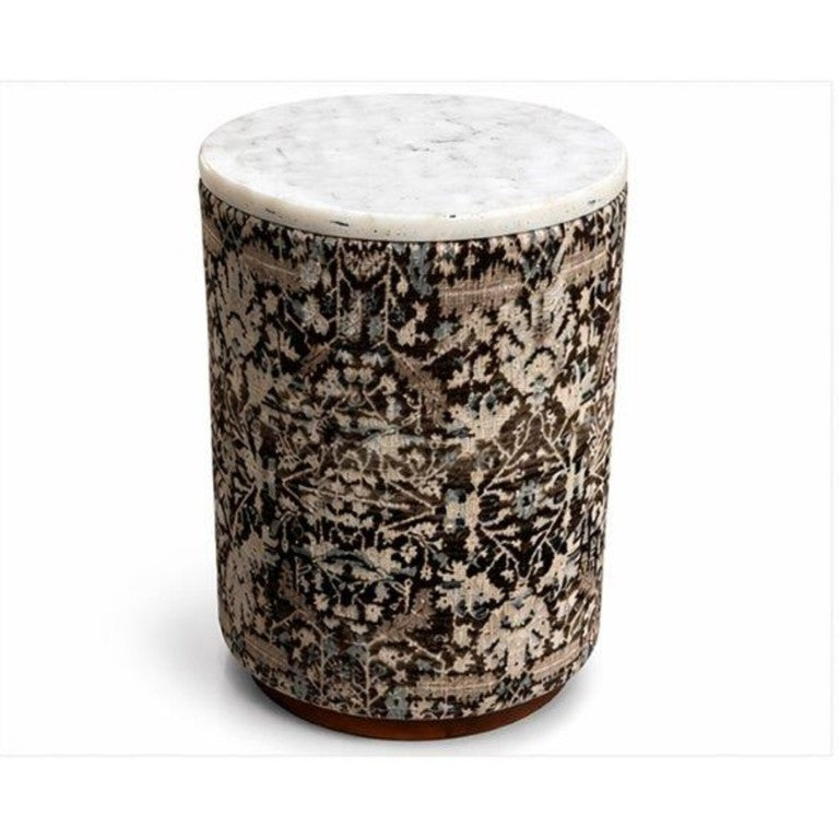 English Elm Marble Top Drum Accent Stool with Acacia Frame and Botanical Cotton Upholstery B346P544524
