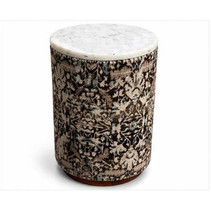English Elm Marble Top Drum Accent Stool with Acacia Frame and Botanical Cotton Upholstery B346P544524