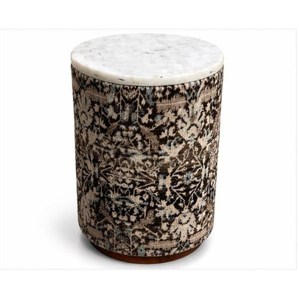 English Elm Marble Top Drum Accent Stool with Acacia Frame and Botanical Cotton Upholstery B346P544524