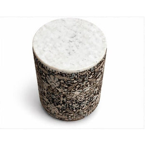 English Elm Marble Top Drum Accent Stool with Acacia Frame and Botanical Cotton Upholstery B346P544524
