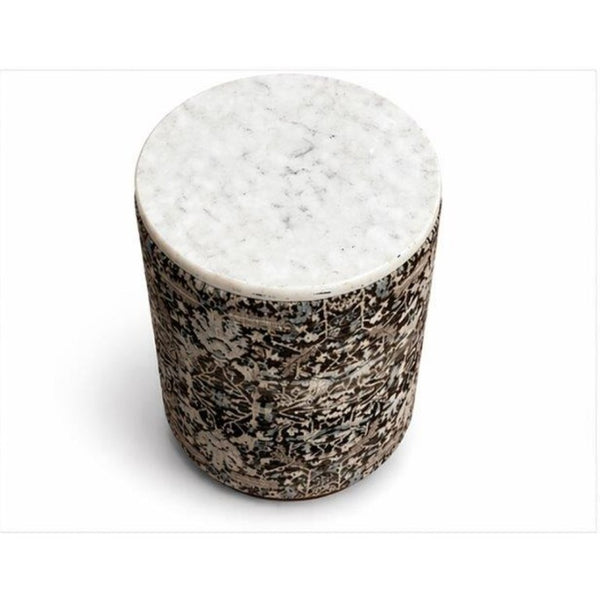 English Elm Marble Top Drum Accent Stool with Acacia Frame and Botanical Cotton Upholstery B346P544524