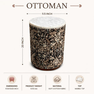 English Elm Marble Top Drum Accent Stool with Acacia Frame and Botanical Cotton Upholstery B346P544524