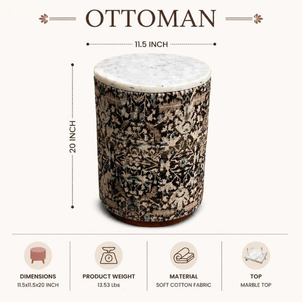 English Elm Marble Top Drum Accent Stool with Acacia Frame and Botanical Cotton Upholstery B346P544524