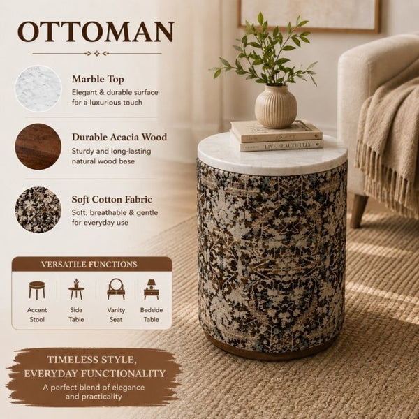 English Elm Marble Top Drum Accent Stool with Acacia Frame and Botanical Cotton Upholstery B346P544524