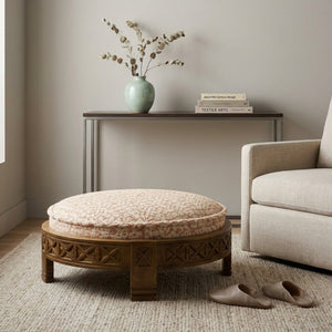 English Elm Handcrafted Mango Wood Round Ottoman Artisan Carved Base Cotton Upholstered Accent Stool B346P544525