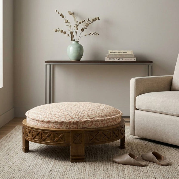 English Elm Handcrafted Mango Wood Round Ottoman Artisan Carved Base Cotton Upholstered Accent Stool B346P544525