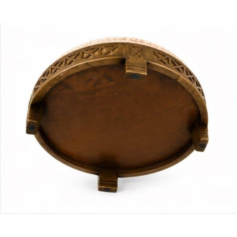 English Elm Handcrafted Mango Wood Round Ottoman Artisan Carved Base Cotton Upholstered Accent Stool B346P544525