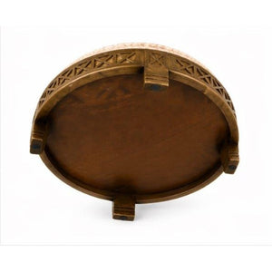 English Elm Handcrafted Mango Wood Round Ottoman Artisan Carved Base Cotton Upholstered Accent Stool B346P544525