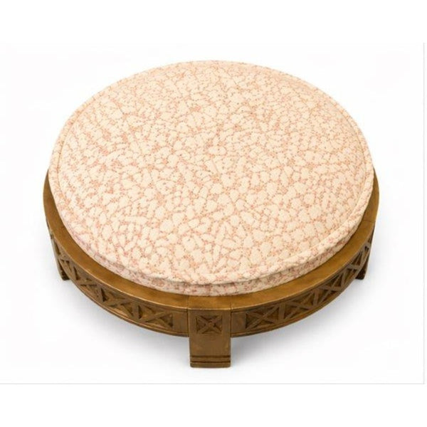 English Elm Handcrafted Mango Wood Round Ottoman Artisan Carved Base Cotton Upholstered Accent Stool B346P544525