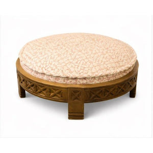 English Elm Handcrafted Mango Wood Round Ottoman Artisan Carved Base Cotton Upholstered Accent Stool B346P544525
