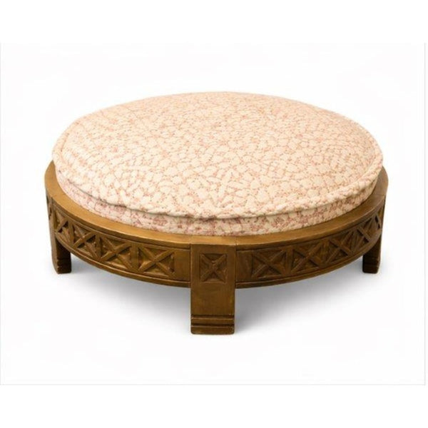 English Elm Handcrafted Mango Wood Round Ottoman Artisan Carved Base Cotton Upholstered Accent Stool B346P544525
