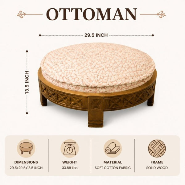 English Elm Handcrafted Mango Wood Round Ottoman Artisan Carved Base Cotton Upholstered Accent Stool B346P544525
