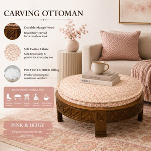 English Elm Handcrafted Mango Wood Round Ottoman Artisan Carved Base Cotton Upholstered Accent Stool B346P544525
