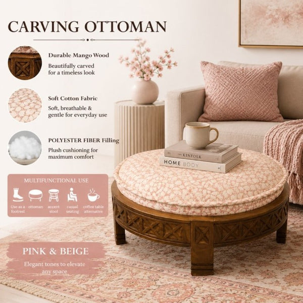 English Elm Handcrafted Mango Wood Round Ottoman Artisan Carved Base Cotton Upholstered Accent Stool B346P544525