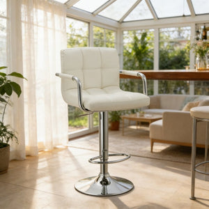 English Elm Contemporary Swivel Barstool Leatherette Grid Seat Chrome Arms Adjustable Height B347P337569