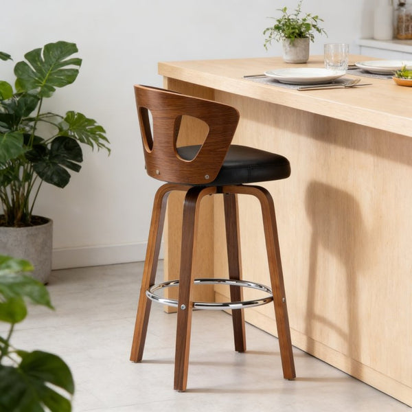 English Elm Wood Walnut Veneer Swivel Counterstool with Faux Leather Seat for Kitchen Islands B347P337841