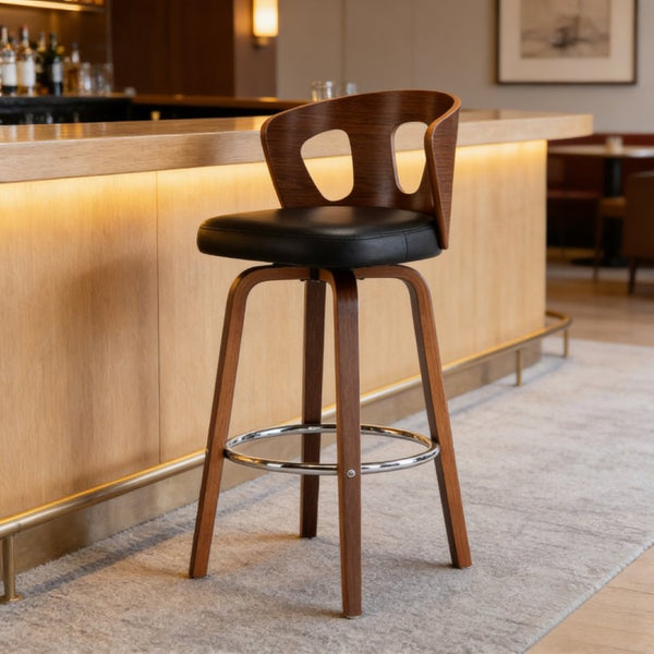 English Elm Wood Walnut Veneer Swivel Counterstool with Faux Leather Seat for Kitchen Islands B347P337841