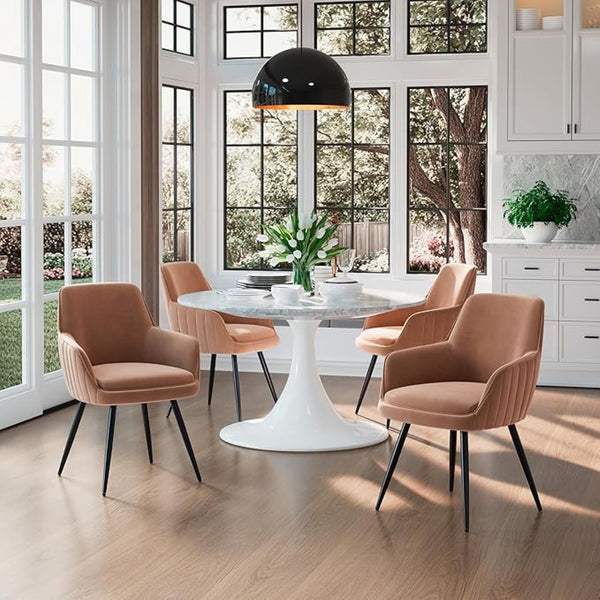 English Elm Brown Velvet Accent Chairs with Channel Tufted Back and Tapered Metal Legs Set of 2 B347P340078
